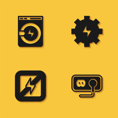 Set Washer, Electrical outlet, No lightning and Gear and icon with long shadow. Vector