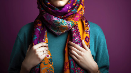 woman in quirky, multicolored, patterned scarf, Generative AI