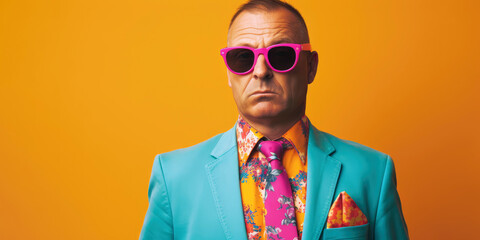 man wearing a bright turquoise shirt and a daringly patterned tie featuring bold shades of purple, pink, and yellow, Generative AI