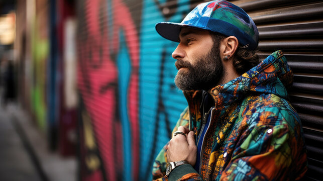 man wearing a bright, color-blocked outfit, featuring a mix of bold hues and contrasting patterns, Generative AI