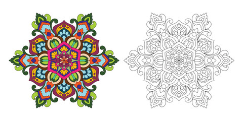 Decorative rounded mandala coloring book page illustration 