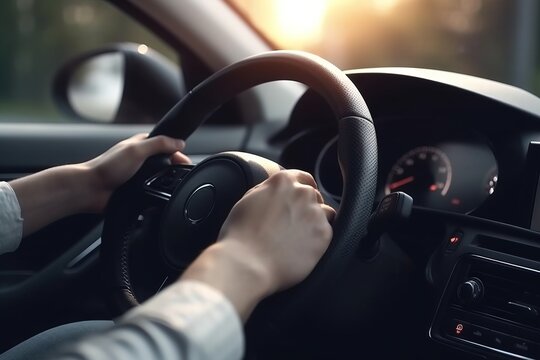  a person driving a car with a steering wheel and a dash light on the dashboard of the car, with the sun shining in the background.  generative ai