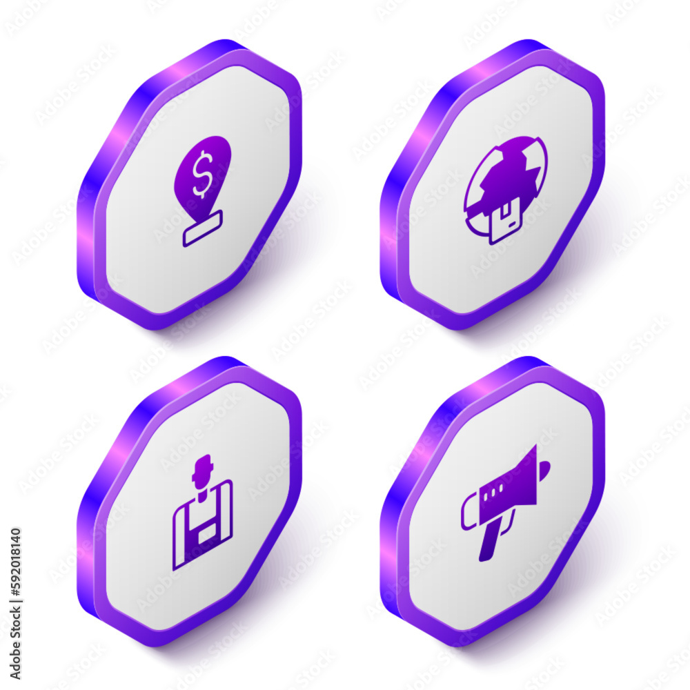 Poster Set Isometric Cash location pin, Worldwide shipping, Seller and Megaphone icon. Purple hexagon button. Vector