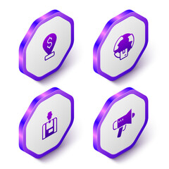 Set Isometric Cash location pin, Worldwide shipping, Seller and Megaphone icon. Purple hexagon button. Vector