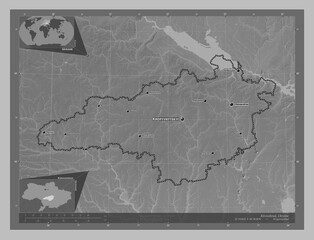 Kirovohrad, Ukraine. Grayscale. Labelled points of cities