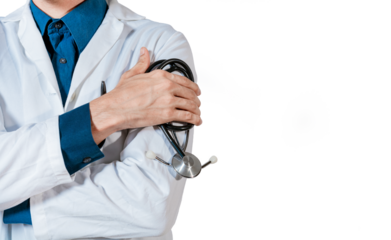 Unrecognizable doctor with stethoscope on isolated background. Doctor arms with stethoscope without background