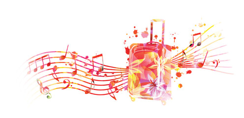Carry-on luggage with musical notes isolated on white background for a traveler lifestyle concept. Travel suitcase for a vacation trip. Vector illustration
