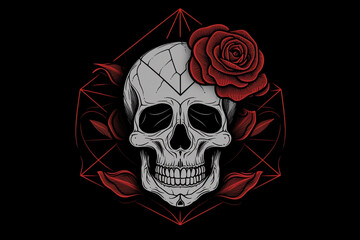 Skull with rose on black background
