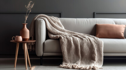 stylish living room scene featuring a cozy, chunky-knit throw blanket draped over a modern, minimalist sofa, Generative AI