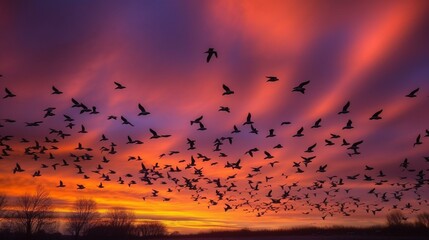 Fototapeta premium A flock of geese soaring across a vibrant sunset sky Generative AI