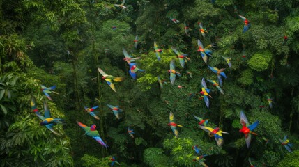 Fototapeta premium A swarm of colorful parrots fluttering through a lush rainforest canopy Generative AI