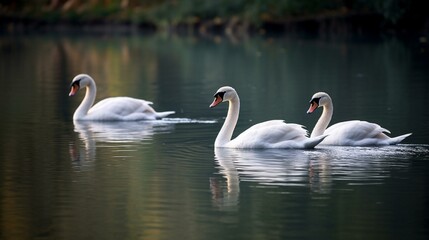 A trio of swans elegantly gliding over a tranquil lake Generative AI
