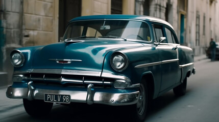 Plakat Vintage classic american car in Havana, Cuba. Blue car in a street, travel concept, Generative Ai