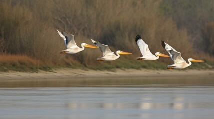 Fototapeta premium A group of pelicans gliding over a serene river delta Generative AI