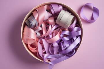  a bowl filled with purple and pink ribbons and two bottles of hair care products on top of a purple background with a purple ribbon around the bowl.  generative ai