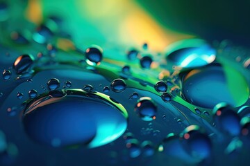  a close up of water droplets on a blue surface with green and yellow colors in the background and a green and blue background with a few smaller drops of water droplets.  generative ai