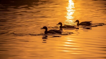 A group of ducks gliding over a still pond at sunset Generative AI