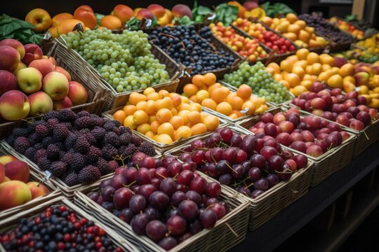  a variety of fruits are on display in a market stall, including plums, apples, plums, plums, and plums.  generative ai