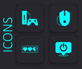 Set Power button, Game console with joystick, Computer mouse and life bar icon. Black square button. Vector