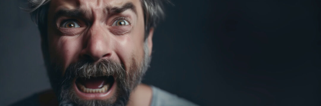 The man is depressed, crying. Banner of severe psychological condition. Banner with black background. The man is going through a difficult emotional state. copy space. Generative AI.