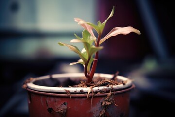 A close-up of a plant growing out of a old reused pot.
