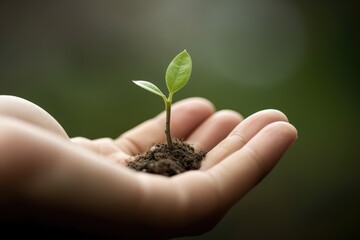 A close-up of a hand holding a seedling with green leaves.
