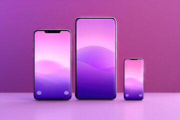  three cell phones sitting next to each other on a purple surface with a pink background and a purple background with a pink and purple hue.  generative ai