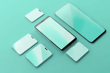  a group of three different cell phones sitting on top of each other on a blue surface with a green back ground and a white back ground.  generative ai