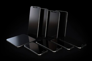  a group of three cell phones sitting next to each other on a black surface with a black background and a black background with a few smaller phones.  generative ai