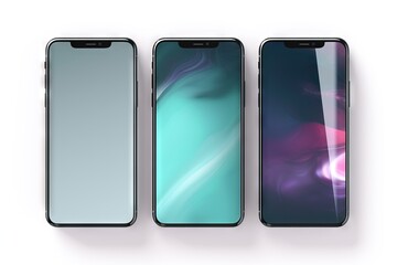  three different iphones are shown in three different colors and sizes, one is blue, one is green and the other is pink and the other is purple.  generative ai