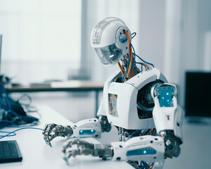 White technological robot, in front of a computer, generated with AI generative technology.