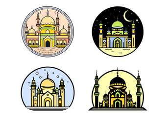 mosque flat illustration set, Colorful mosque outline vector, mosque line art building, mosque illustration bundle, mosque icon set
