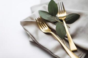  two forks and a knife on a napkin with a leaf on top of it and a green leaf on top of the fork on the napkin.  generative ai