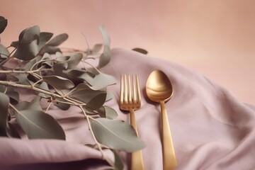  a fork, knife, and spoon on a pink cloth with a plant in the middle of the tablecloth and a pink background with a pink backdrop.  generative ai