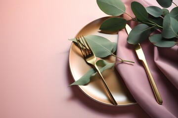  a plate with a fork, knife and a leaf on it next to a pink napkin and a green plant on a gold plate with a pink background.  generative ai