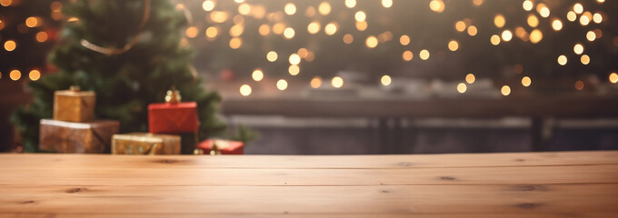 empty wooden table with christmas tree and gifts in the background. ai generative