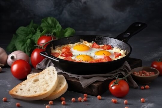  a skillet with eggs, tomatoes, and bread on a gray surface with garlic, tomatoes, garlic bread, and garlic bread on the side.  generative ai