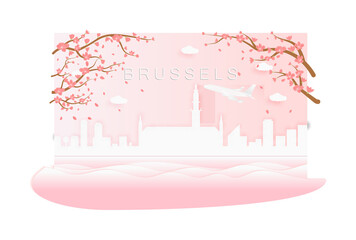 Panorama travel postcard, poster, tour advertising of world famous landmarks of Brussels, spring season with blooming flowers in tree in paper cut style icon illustration on transparent background