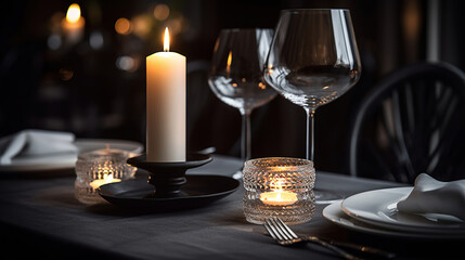 Romantic dinner place setting with plates and cutlery on table. Generative AI