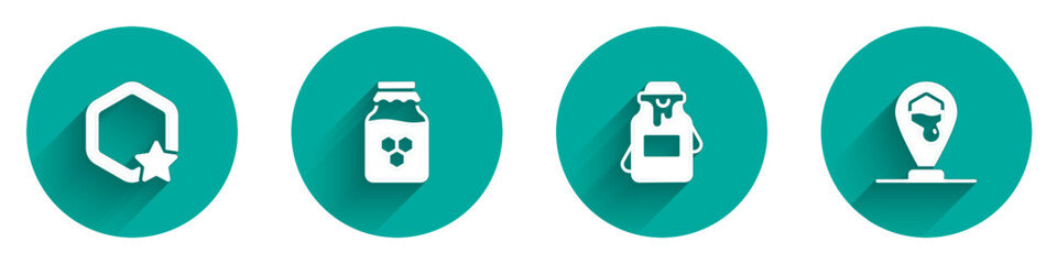 Set Honeycomb, Jar of honey, and bee location icon with long shadow. Vector