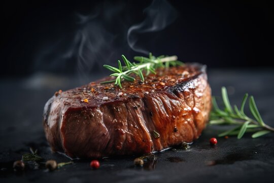  a piece of steak with a sprig of rosemary on top of it on a black surface with smoke coming out of the top.  generative ai