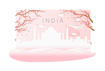 Panorama travel postcard, poster, tour advertising of world famous landmarks of India, spring season with blooming flowers in tree on white background icon illustration on transparent background