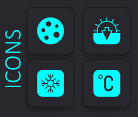 Set Celsius, Moon, Sunset and Snowflake icon. Black square button. Vector