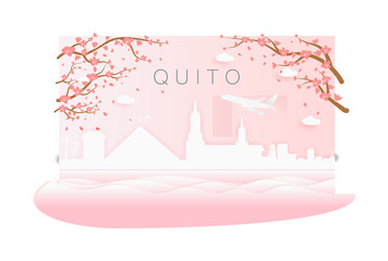 Panorama travel postcard, poster, tour advertising of world famous landmarks of Quito, spring season with blooming flowers in tree on white background icon illustration on transparent background