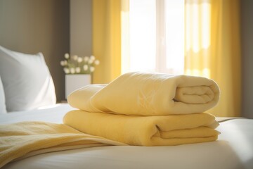  a stack of folded towels on a bed in a bedroom with yellow curtains and a vase of flowers in the corner of the room with yellow curtains.  generative ai