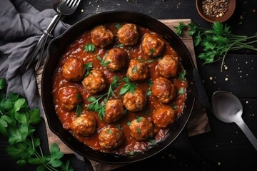  a pan filled with meatballs covered in sauce and garnished with parsley on top of a wooden cutting board with a spoon.  generative ai