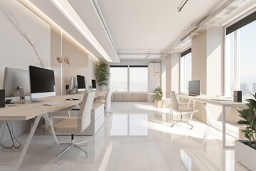  a room with a desk, computer monitors, and a plant in the corner of the room with a view of the city outside the window.  generative ai
