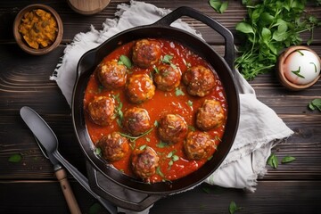 Obraz na płótnie Canvas a pan filled with meatballs covered in tomato sauce and garnished with parsley on a wooden table next to a spoon and a napkin. generative ai