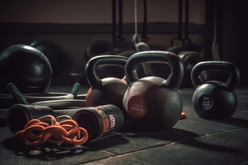 Naklejka na ściany i meble A close-up shot of gym equipment, such as dumbbells, resistance bands, or kettlebells, highlighting the variety of tools available for different workout styles. Generative AI
