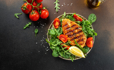 Grilled chicken fillet and vegetables. superfood concept. Healthy, clean eating. place for text, top view